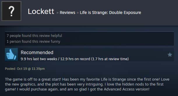 Screenshot showing a Steam review for Life is Strange: Double Exposure.